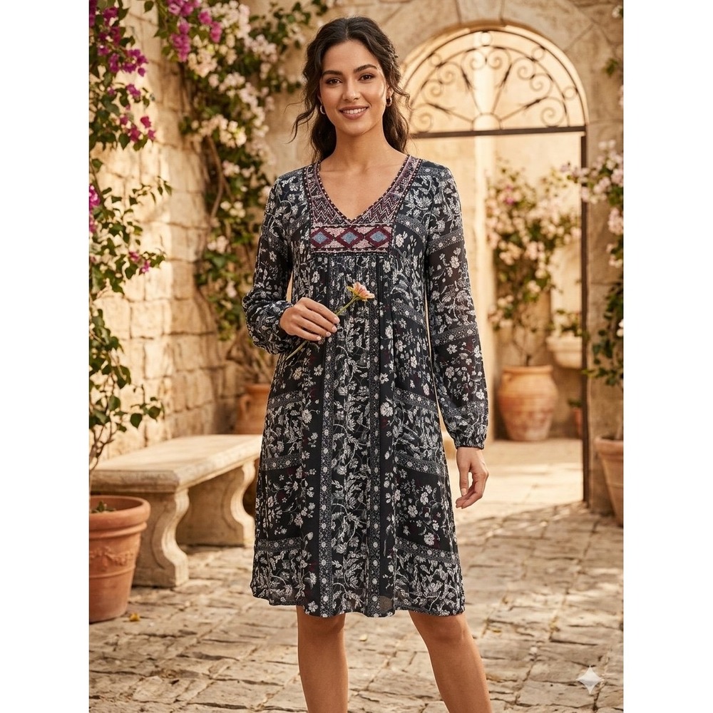 Knox Rose Navy Blue Floral Embroidered V-Neck Long Sleeve Midi Boho Dress Small